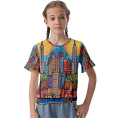 City New York Nyc Skyscraper Skyline Downtown Night Business Urban Travel Landmark Building Architec Kids  Cuff Sleeve Scrunch Bottom T-shirt