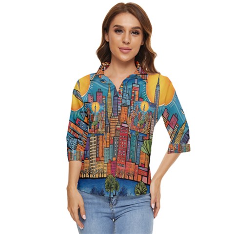 City New York Nyc Skyscraper Skyline Downtown Night Business Urban Travel Landmark Building Architec Women s Quarter Sleeve Pocket Shirt by Posterlux