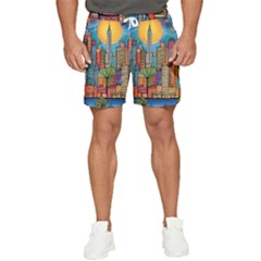 City New York Nyc Skyscraper Skyline Downtown Night Business Urban Travel Landmark Building Architec Men s Runner Shorts by Posterlux