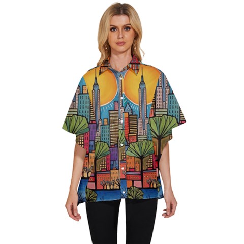 City New York Nyc Skyscraper Skyline Downtown Night Business Urban Travel Landmark Building Architec Women s Batwing Button Up Shirt by Posterlux