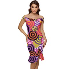 Abstract Circles Background Retro Off Shoulder Ruffle Split Hem Bodycon Dress by Ravend