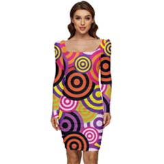 Abstract Circles Background Retro Women Long Sleeve Ruched Stretch Jersey Dress by Ravend