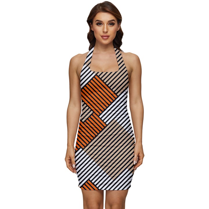 Abstract Pattern Line Art Design Decoration Sleeveless Wide Square Neckline Ruched Bodycon Dress