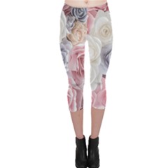 Pastel Rose  Flower Blue Pink White Capri Leggings  by Cemarart