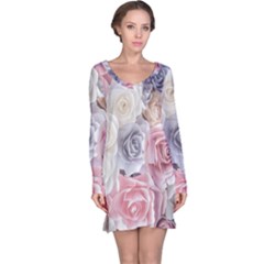 Pastel Rose  Flower Blue Pink White Long Sleeve Nightdress by Cemarart