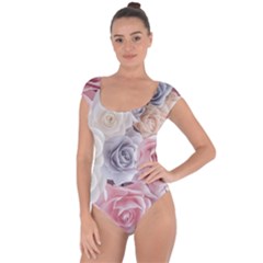 Pastel Rose  Flower Blue Pink White Short Sleeve Leotard  by Cemarart