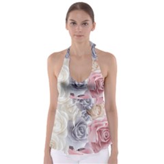 Pastel Rose  Flower Blue Pink White Tie Back Tankini Top by Cemarart