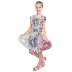 Pastel Rose  Flower Blue Pink White Kids  Short Sleeve Dress by Cemarart