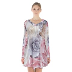 Pastel Rose  Flower Blue Pink White Long Sleeve Velvet V-neck Dress