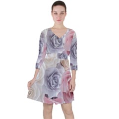 Pastel Rose  Flower Blue Pink White Quarter Sleeve Ruffle Waist Dress by Cemarart