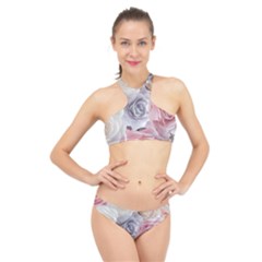 Pastel Rose  Flower Blue Pink White High Neck Bikini Set by Cemarart