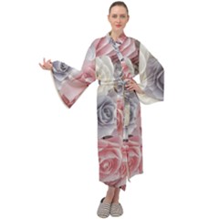 Pastel Rose  Flower Blue Pink White Maxi Velvet Kimono by Cemarart