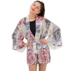 Pastel Rose  Flower Blue Pink White Long Sleeve Kimono by Cemarart