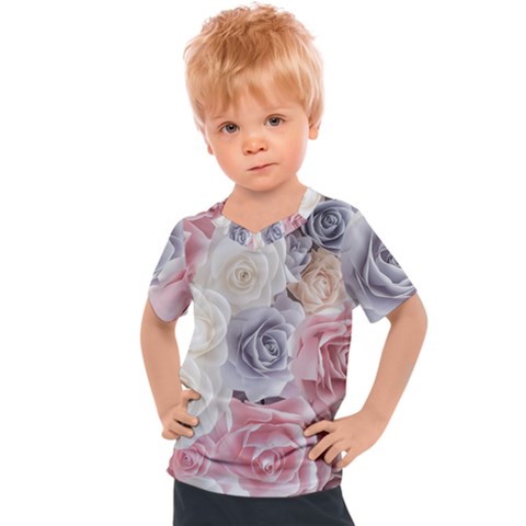 Pastel Rose  Flower Blue Pink White Kids  Sports T-shirt by Cemarart