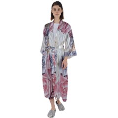 Pastel Rose  Flower Blue Pink White Maxi Satin Kimono by Cemarart