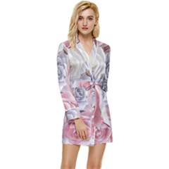 Pastel Rose  Flower Blue Pink White Long Sleeve Satin Robe by Cemarart