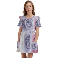 Pastel Rose  Flower Blue Pink White Kids  Frilly Sleeves Pocket Dress by Cemarart