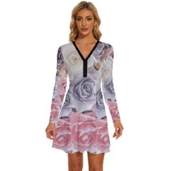 Pastel Rose  Flower Blue Pink White Long Sleeve Deep V Mini Dress  by Cemarart