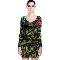 Keep Smiling Doodle Long Sleeve Velvet Bodycon Dress by Cemarart