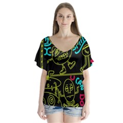 Keep Smiling Doodle V-neck Flutter Sleeve Top by Cemarart