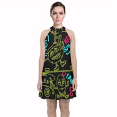 Keep Smiling Doodle Velvet Halter Neckline Dress  by Cemarart