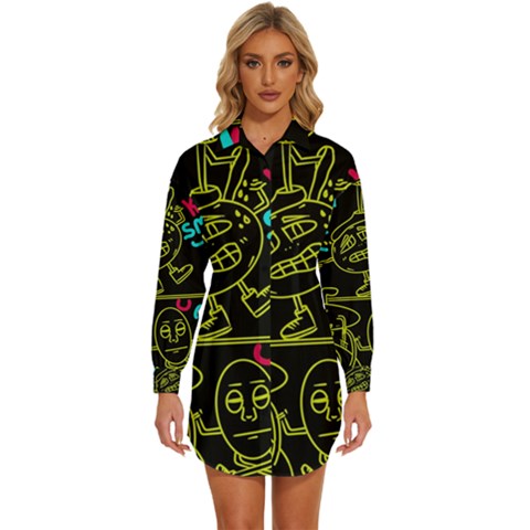 Keep Smiling Doodle Womens Long Sleeve Shirt Dress by Cemarart