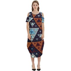 Fractal Triangle Geometric Abstract Pattern Cold Shoulder Loose Fit Dress With Pockets