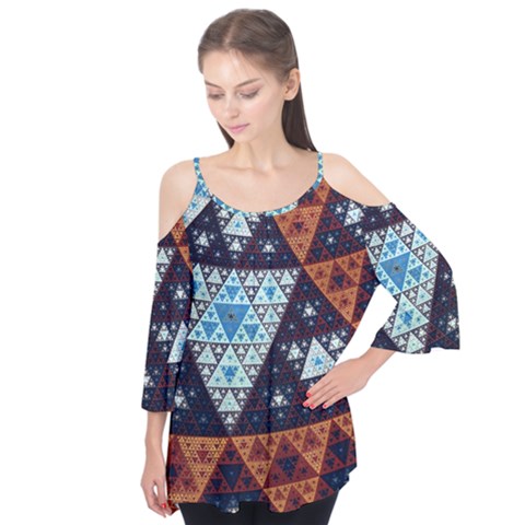 Fractal Triangle Geometric Abstract Pattern Flutter Sleeve T-shirt  by Cemarart