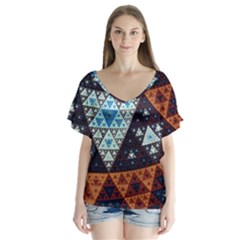 Fractal Triangle Geometric Abstract Pattern V-neck Flutter Sleeve Top by Cemarart