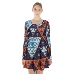 Fractal Triangle Geometric Abstract Pattern Long Sleeve Velvet V-neck Dress