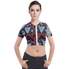 Fractal Triangle Geometric Abstract Pattern Short Sleeve Cropped Jacket by Cemarart