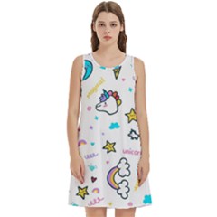 Unicorns Rainbows Seamless Pattern Round Neck Sleeve Casual Dress With Pockets