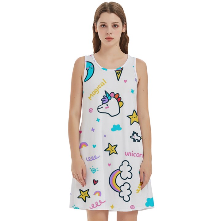 Unicorns Rainbows Seamless Pattern Round Neck Sleeve Casual Dress With Pockets