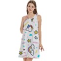 Unicorns Rainbows Seamless Pattern Round Neck Sleeve Casual Dress With Pockets View3