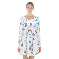 Unicorns Rainbows Seamless Pattern Long Sleeve Velvet V-neck Dress