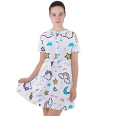 Unicorns Rainbows Seamless Pattern Short Sleeve Shoulder Cut Out Dress  by Bedest