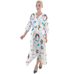 Unicorns Rainbows Seamless Pattern Quarter Sleeve Wrap Front Maxi Dress