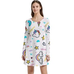 Unicorns Rainbows Seamless Pattern Long Sleeve Velour Skater Dress by Bedest