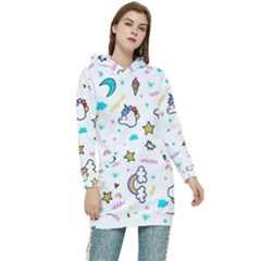 Unicorns Rainbows Seamless Pattern Women s Long Oversized Pullover Hoodie