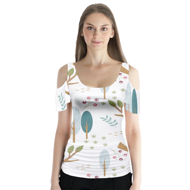 Pattern Sloth Woodland Butterfly Sleeve Cutout T-Shirt 