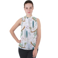 Pattern Sloth Woodland Mock Neck Chiffon Sleeveless Top by Hannah976