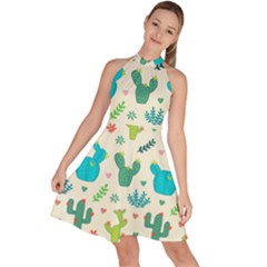 Cactus Succulents Floral Seamless Pattern Sleeveless Halter Neck A-line Dress