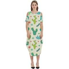 Cactus Succulents Floral Seamless Pattern Cold Shoulder Loose Fit Dress With Pockets