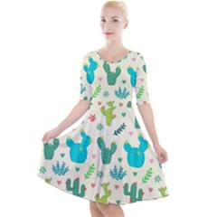 Cactus Succulents Floral Seamless Pattern Quarter Sleeve A-line Dress With Pockets