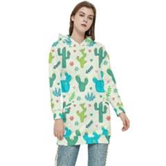 Cactus Succulents Floral Seamless Pattern Women s Long Oversized Pullover Hoodie