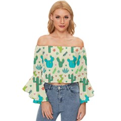 Cactus Succulents Floral Seamless Pattern Off Shoulder Flutter Bell Sleeve Top