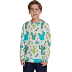 Cactus Succulents Floral Seamless Pattern Kids  Crewneck Sweatshirt