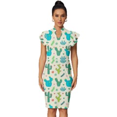 Cactus Succulents Floral Seamless Pattern Vintage Frill Sleeve V-neck Bodycon Dress by Hannah976