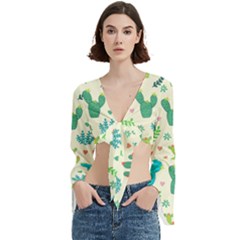 Cactus Succulents Floral Seamless Pattern Trumpet Sleeve Cropped Top