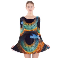 Eye Bird Feathers Vibrant Long Sleeve Velvet Skater Dress